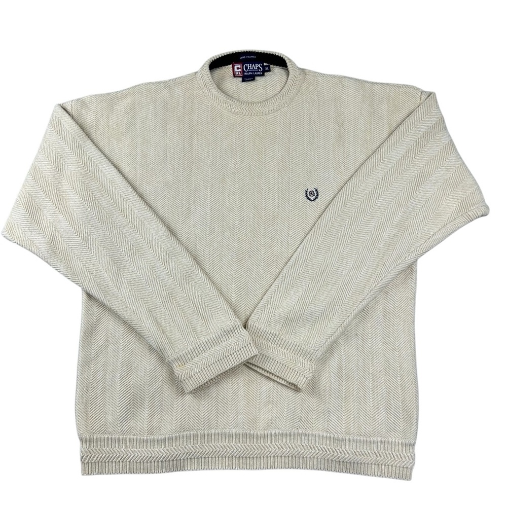 VTG Chaps Ralph Lauren Mens Sweater XL Hand Framed Crest Logo Ivory Preppy Y2K